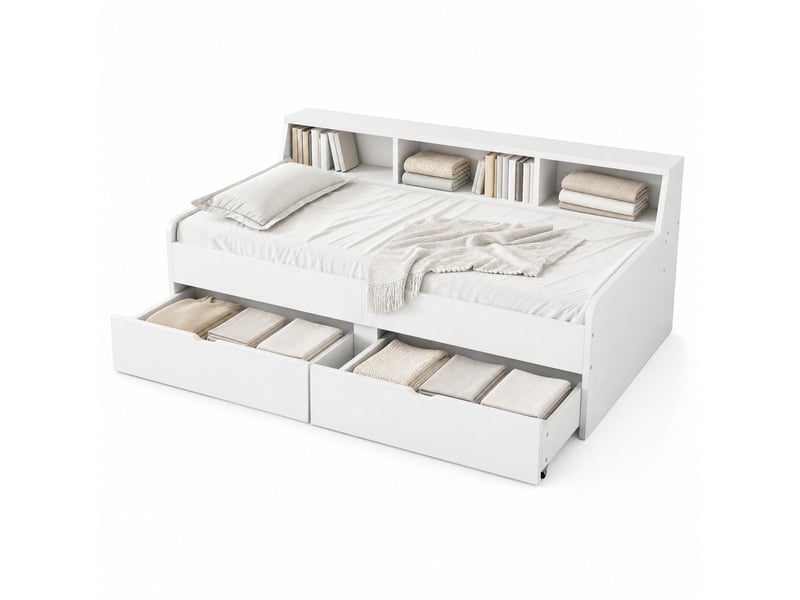  Lit banquette 90 x 200 cm avec sommier, 2 tiroirs et rangements, blanc  - Conforama A
