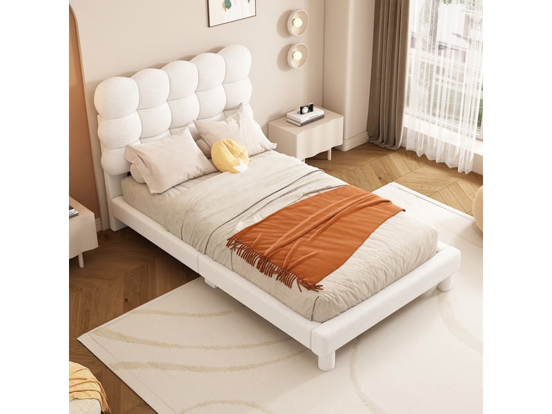 Lit simple rembourré 90x200cm - tête de lit réglable - peluche+mdf - blanc  - Conforama D