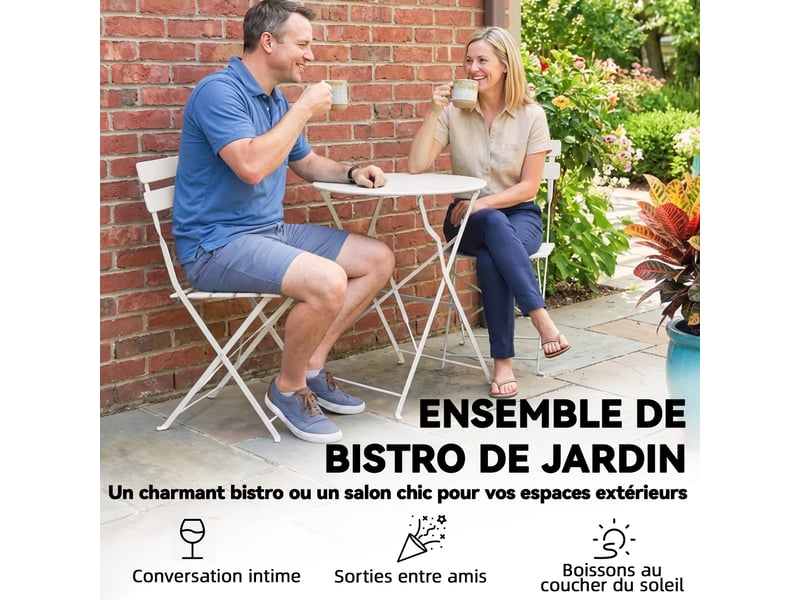  Ensemble bistrot de jardin 3 pièces table et 2 chaises pliantes crème  - Conforama E