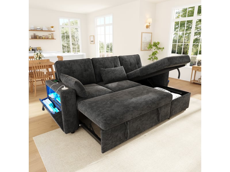 Canapé d'angle convertible 3 places 213x131x83 cm en chenille avec méridienne réversible, coffre de rangement, led, usb type-c - gris - Conforama E