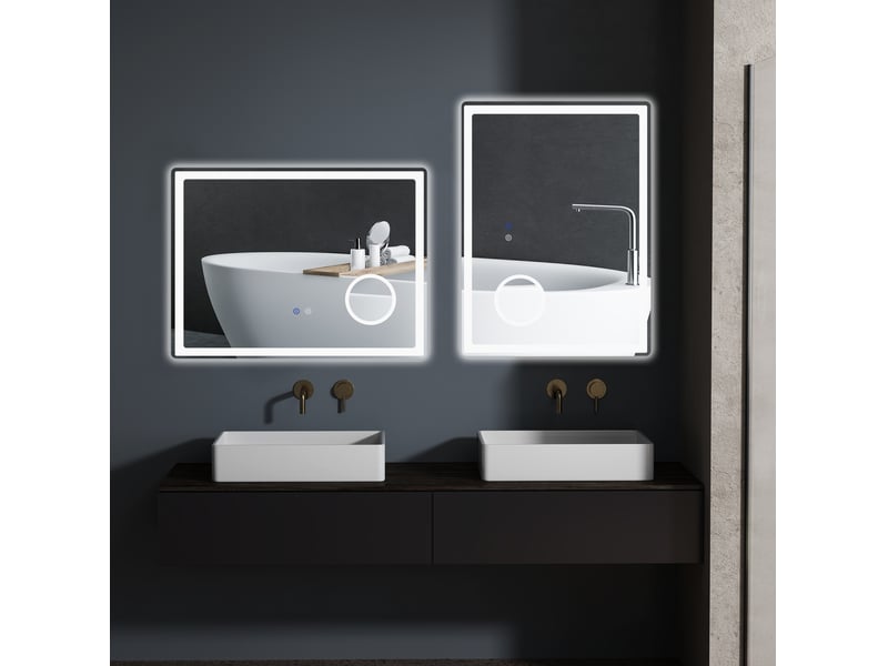  Miroir lumineux de salle de bain en verre avec grossissement triple, éclairage double, antibuée, blanc 80 × 60 cm  - Conforama B