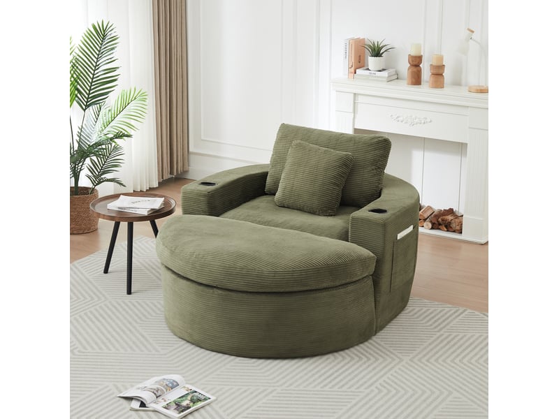  Fauteuil lounge 1 place avec repose-pieds amovible et porte-gobelet, en velours côtelé vert  - Conforama B