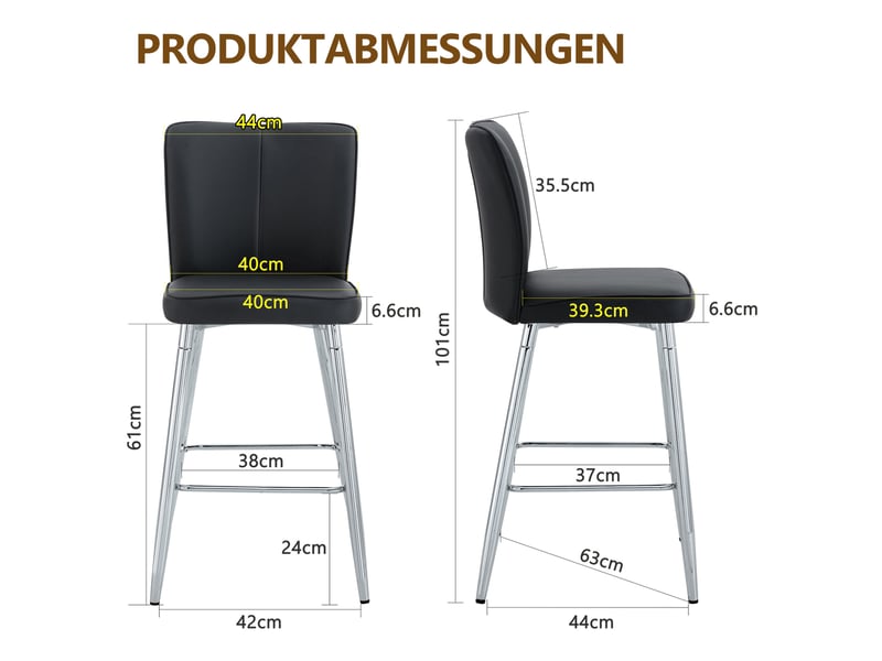  Tabouret de bar lot de 2 avec dossier ergonomique et repose-pieds, en pu et métal, noir et argent  - Conforama D