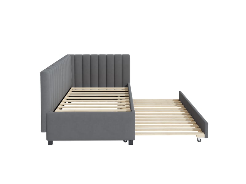 Lit banquette 90x200 cm en velours gris, lit gigogne multifonction avec sommier à lattes  - Conforama E