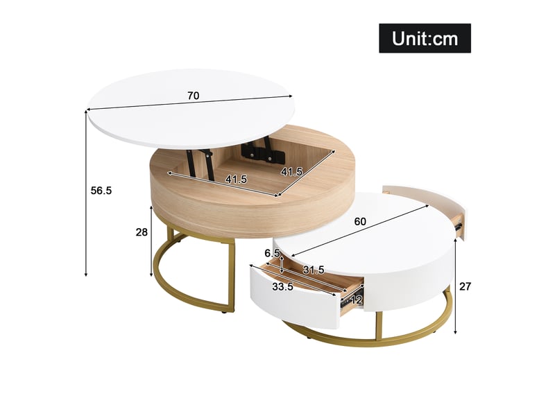  Ensemble de 2 tables basses dorées à plateau relevable et 2 tiroirs – design contemporain et fonctionnel  - Conforama C