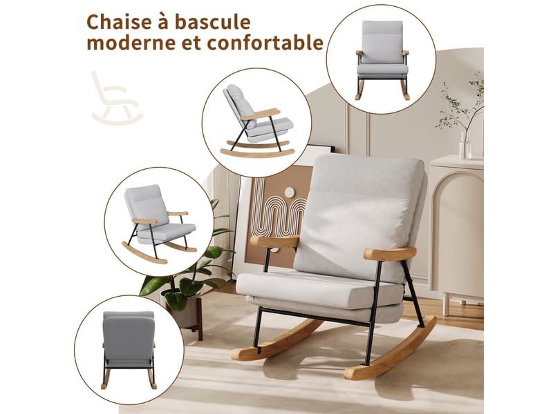 Fauteuil à bascule en tissu lin avec accoudoirs ergonomiques et base en bois naturel pour salon et chambre - 64,5x97,5x94 cm - gris  - Conforama C