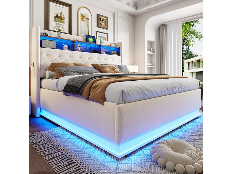  Lit coffre led 180 x 200 cm avec rangement hydraulique, usb et tissu beige  - Conforama D
