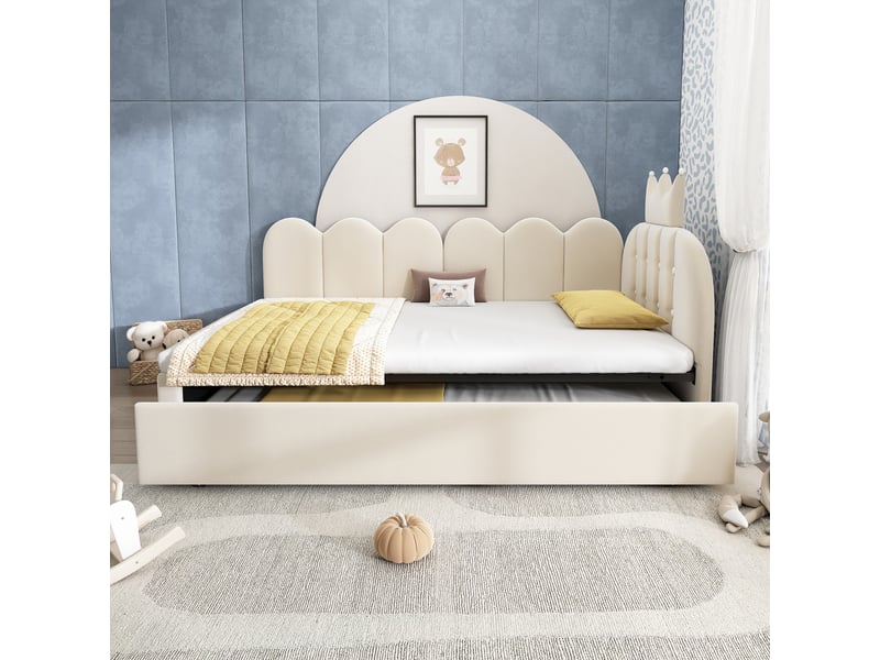  Modenvie lit gigogne 90x200 cm - velours avec lit tiroir et structure reversible, sans matelas - beige  - Conforama E