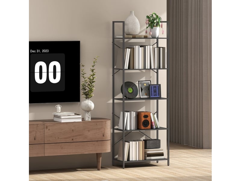  Étagère de bibliothèque avec 5 étagères, regalet industriel avec cadre métallique, rayonnage ouvert pour salon, bureau et chambre de travail, 60x30x170,5 cm, noir  - Conforama B