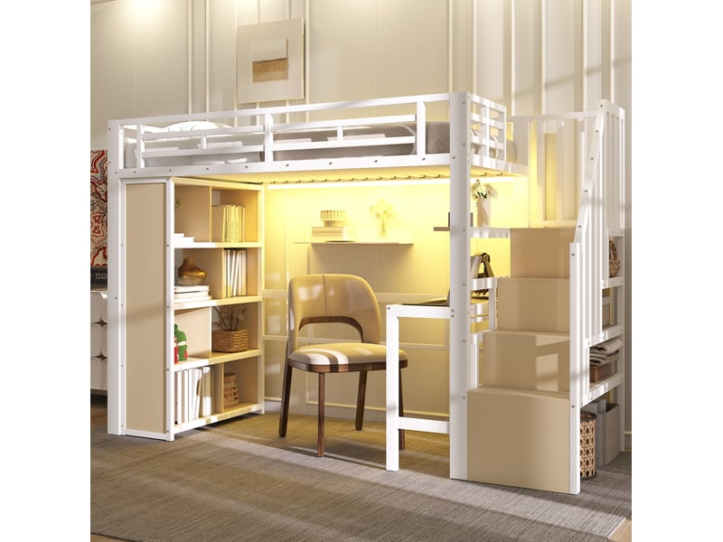  Lit mezzanine 90x200 cm en métal avec bureau, rangements et led, blanc  - Conforama E