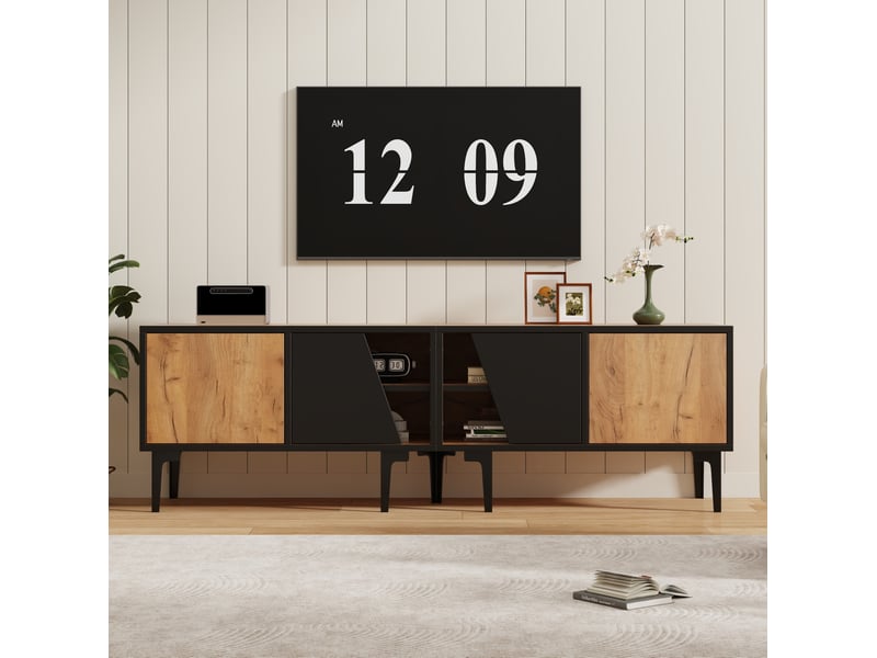  Meuble tv bas design 160 x 36,5 x 45 cm 4 compartiments portes obliques 7 pieds panneau de particules naturel et noir  - Conforama D