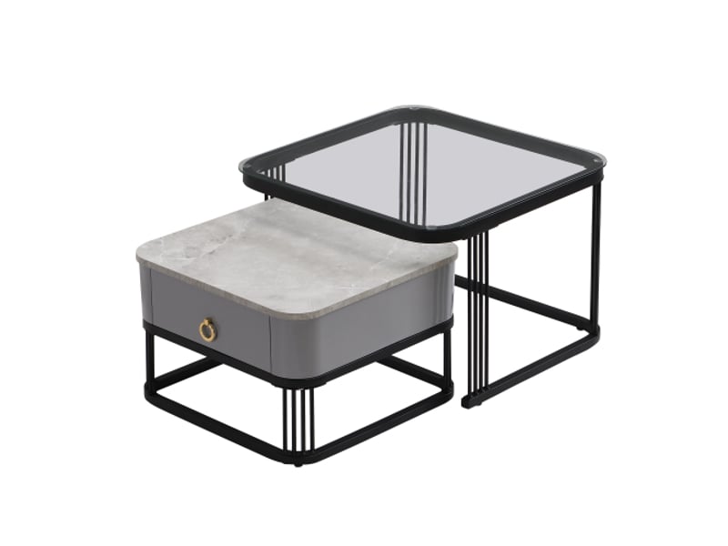 Table basse empilable – effet marbre brillant, plateau en verre, pieds noirs, tiroirs – set de 2 - Conforama A