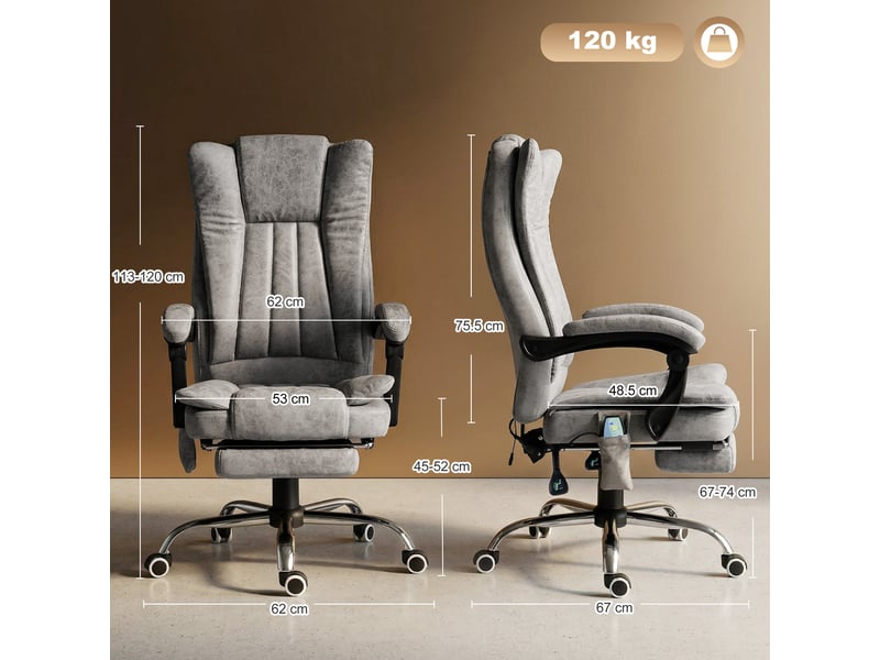  Fauteuil de bureau massant et chauffant, hauteur et inclinaison réglables, 62 x 67 x 113-120 cm, gris  - Conforama E