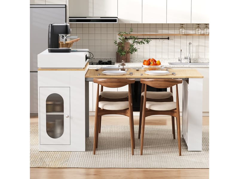  Îlot de cuisine mobile 83 cm avec table extensible, prises intégrées et verre cannelé, blanc Jamama eleni - Conforama E