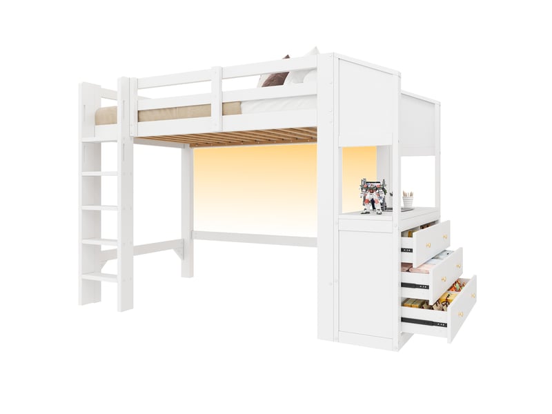 Lit mezzanine 90 × 200 cm 1 place avec 3 tiroirs, étagères et led réglable, sans matelas, en bois massif, blanc - Conforama A