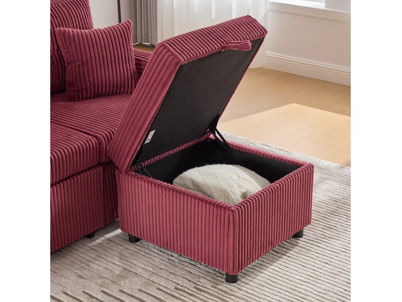  Canapé 3 places 196x82–144x85cm prise usb‑c intégrée éclairage led coussins moelleux velours côtelé rouge bordeaux  - Conforama R