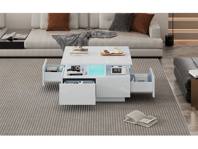  Table basse carrée blanche avec led 4 tiroirs 70x70x40 cm - finition haute brillance  - Conforama W