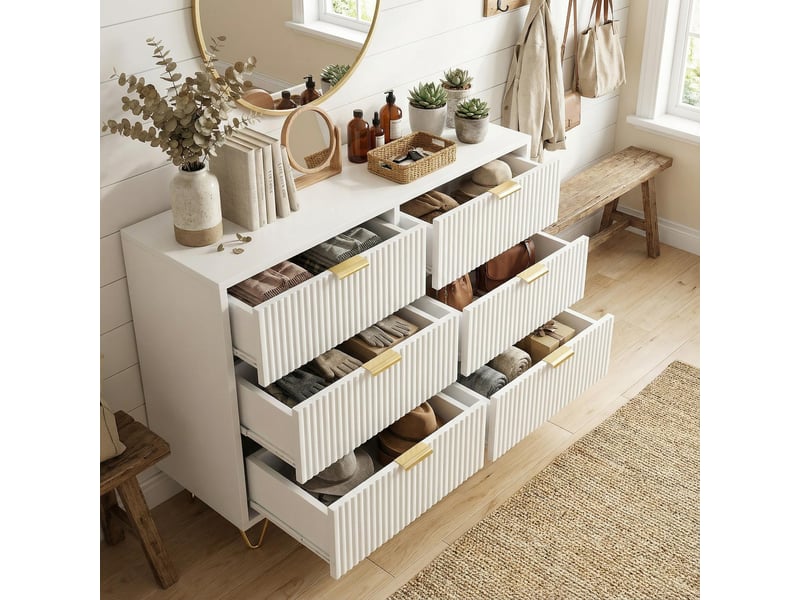 Commode à 6 tiroirs, 100x34x73cm, avec dispositif anti-basculement, en bois et métal, style moderne, blanc et or - Conforama D