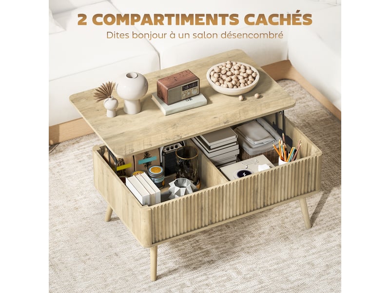  Table basse relevable, table de salon avec 2 compartiments cachés et pieds en pin, chêne, 91 x 56 x 43 cm  - Conforama E
