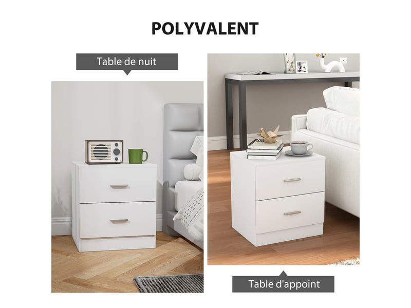  Table de chevet avec 2 tiroirs poignée en alliage d'aluminium style contemporain blanc 45 x 39,5 x 49 cm  - Conforama E