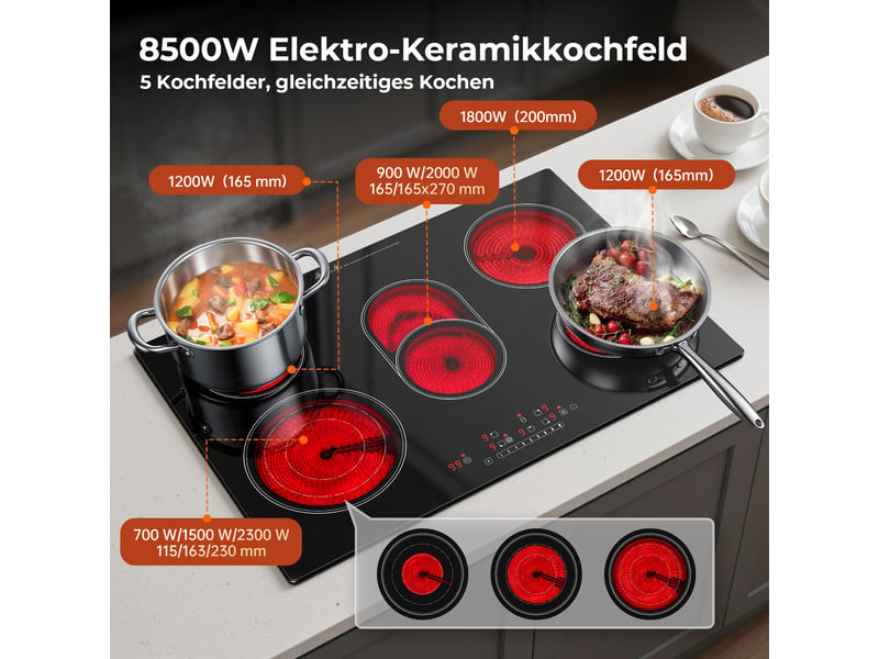 Plaque vitrocéramique 5 foyers, table de cuisson électrique encastrable 77 cm, 8500 w, zones ovale et triple, commande tactile - Conforama B