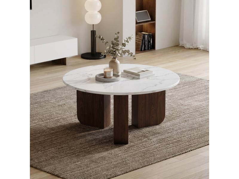  60 table basse ronde en marbre composite pieds couleur bois foncé d60  - Conforama D