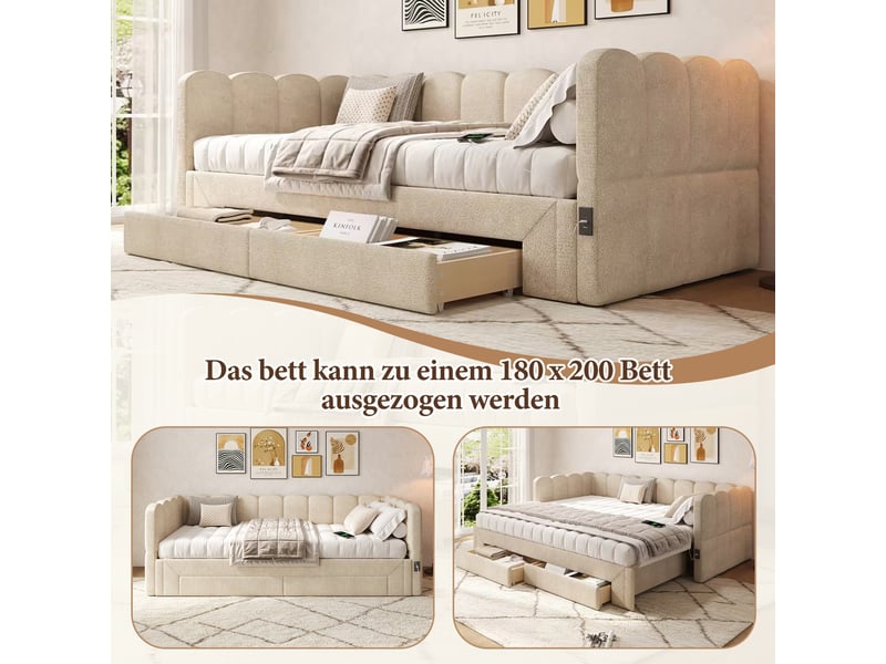  Lit rembourré 90x200 cm, lit de jour avec 2 tiroirs de rangement, canapé-lit a extensible à 180 cm, chenille beige, avec prise usb  - Conforama R