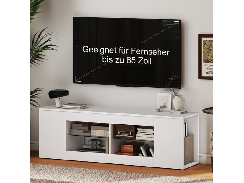  Meuble tv avec 6 niches ouvertes et 2 étagères en verre pour salon en panneaux de particules blanc 140 × 35 × 42,5 cm  - Conforama E