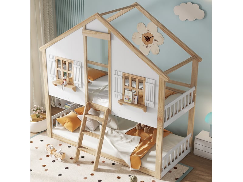 Lit superposé enfant cabane 90x200 cm blanc et naturel, pin et mdf  - Conforama C
