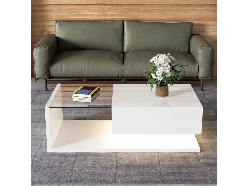 Table basse blanche brillante avec plateau en verre trempé et éclairage led, 105 x 55 cm  - Conforama B