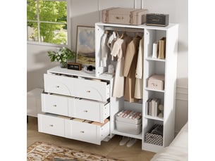 Armoire penderie 139x35x133cm - dressing modulaire avec 6 tiroirs, tringle penderie & étagères réglables - blanc