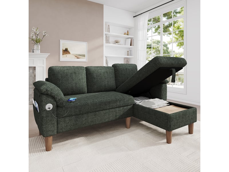 Canapé 3 places - 181x125x88cm - canapé d'angle réversible en chenille avec coffre, prises usbtype-c & poches - vert - Conforama B
