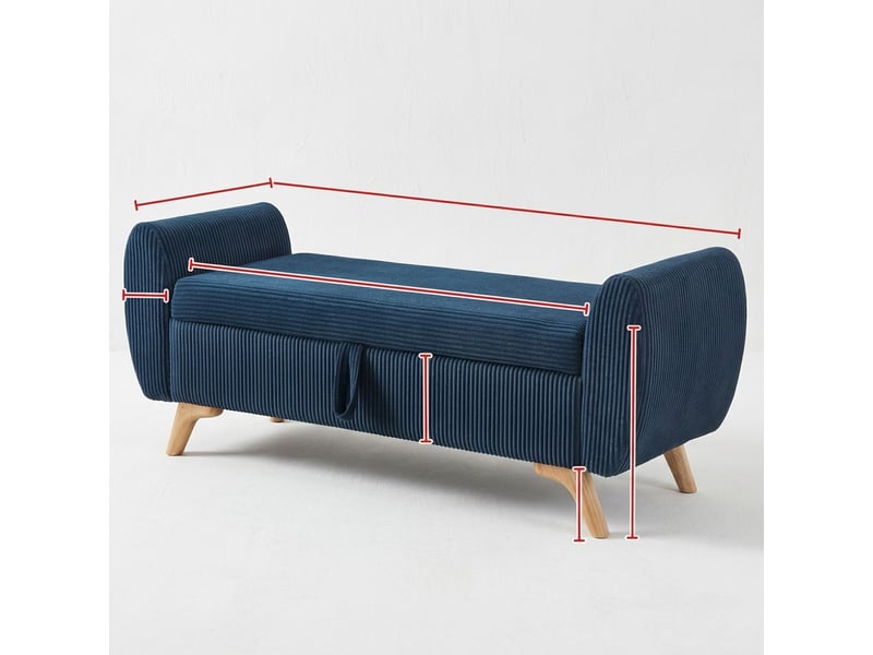  Banc de rangement bleu 145 cm en velours côtelé avec coffre pliable et pieds en bois  - Conforama C