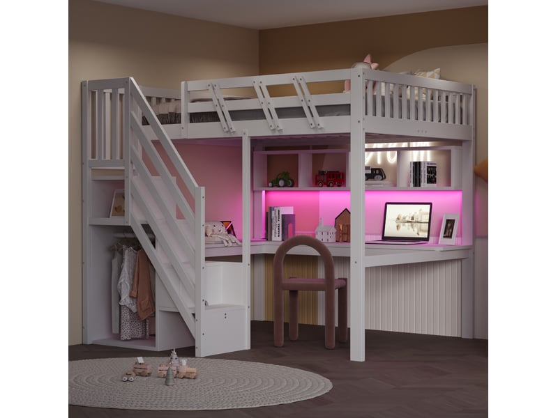  Lit mezzanine 140x200 cm avec bureau, escalier de rangement, led et prises usb en bois blanc sans matelas  - Conforama B