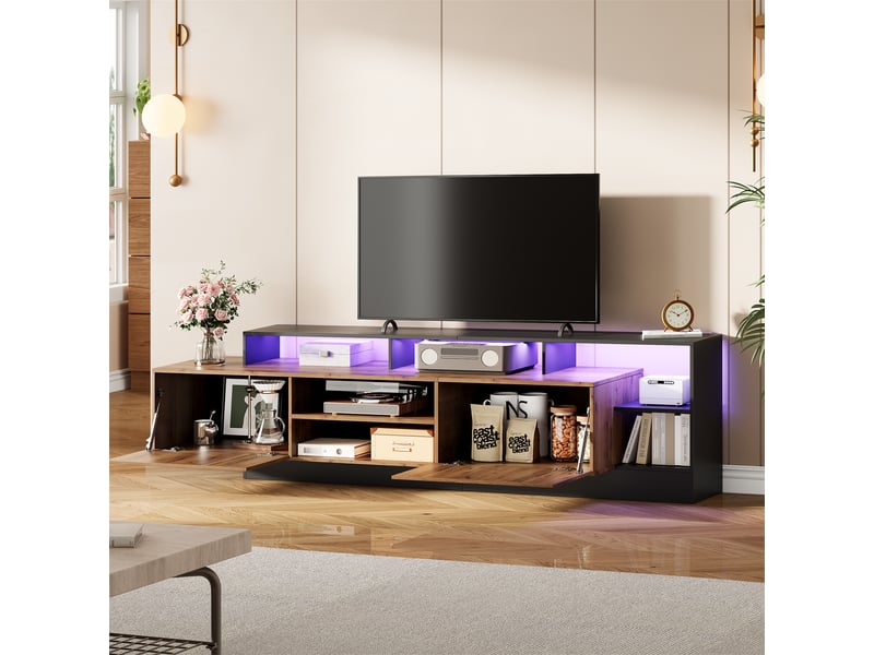 Meuble tv moderne 190 cm jusqu’à 70 pouces, finition chêne et noire, rangements ouverts, portes abattantes et éclairage led usb - Conforama E
