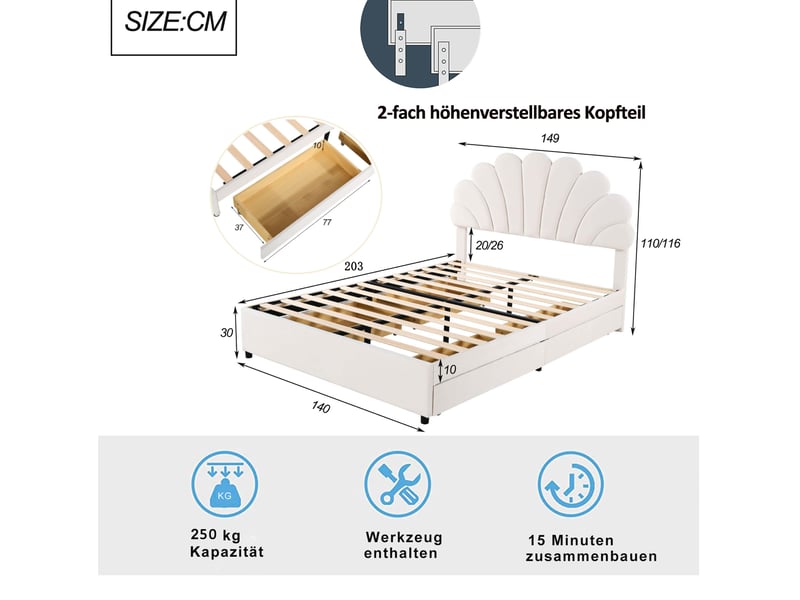  Lit enfant 140x200cm, sommier, tête de lit, lit 2 places, 4 tiroirs de rangement intégrés, velours beige, sans matelas  - Conforama C