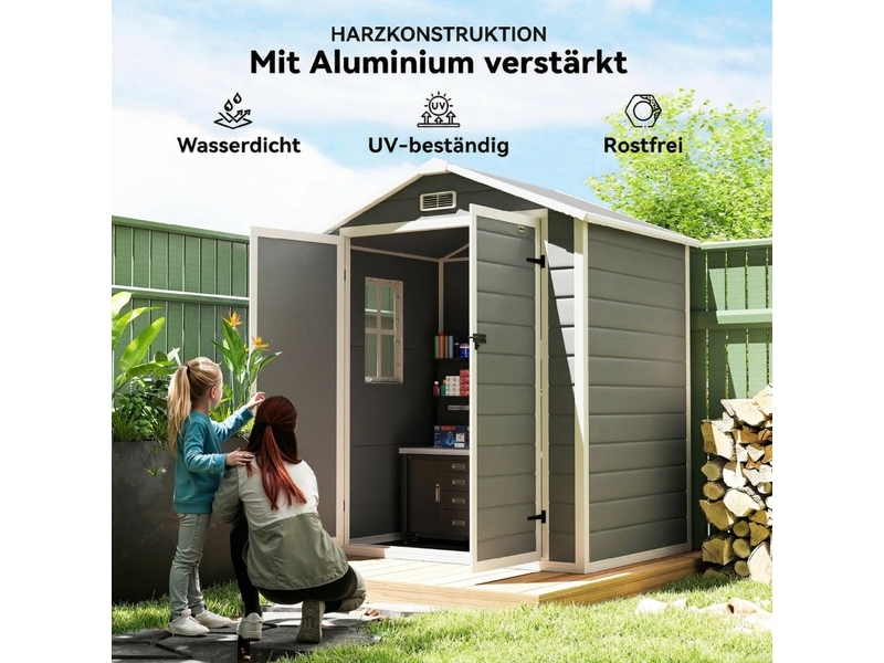 Abri de jardin verrouillable à double porte avec fenêtre et aération en aluminium gris 183 × 134 × 210 cm - Conforama E