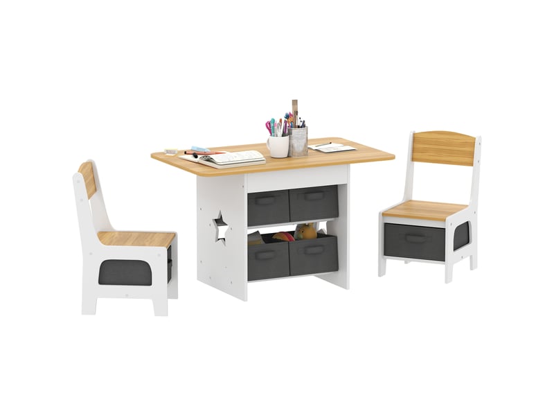 Table enfant avec 2 chaises et 6 tiroirs en tissu, motif étoiles, pour garçons et filles de 3 à 8 ans, couleur naturelle - Conforama A