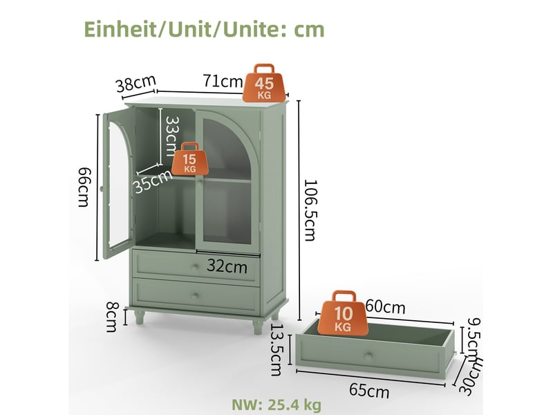 Buffet haut 2 portes vitrées et 2 tiroirs 71x38x106,5 cm vert menthe - Conforama C