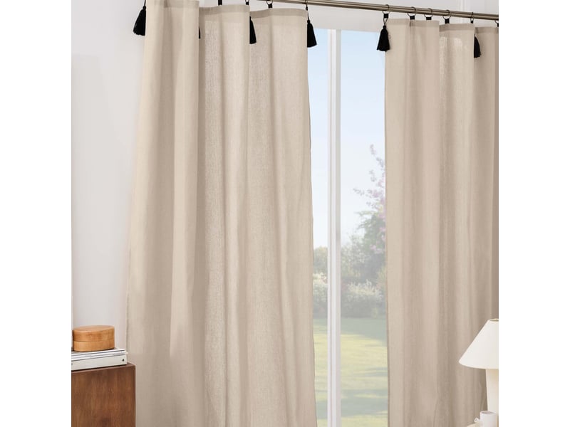  Rideau à anneaux avec pompons cyrine 140x240cm naturel  - Conforama D