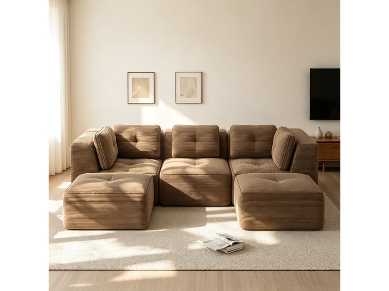  Canapé modulable 3 places avec pouf, assise profonde en tissu côtelé et agencement flexible, 69 × 297 × 177 cm, marron  - Conforama D