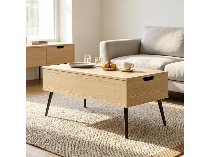  Table basse 100 x 50 cm en panneau de particules et métal avec plateaux relevables noir et effet bois naturel chicfurn  - Conforama C