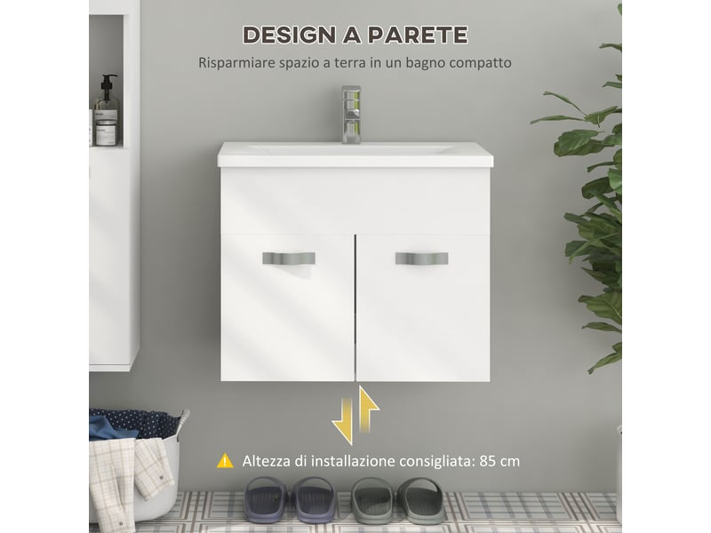  Meuble vasque suspendu avec lavabo, 2 portes amorties, blanc brillant, 61 x 40 x 50 cm  - Conforama R