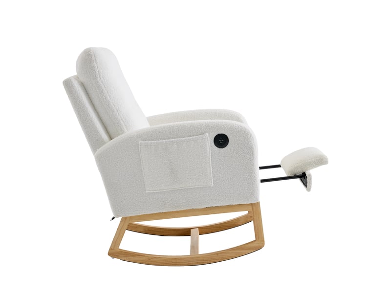 Fauteuil à bascule blanc en tissu bouclé avec port usb, repose-pieds réglable, poches latérales, 66,5x121,5x102 cm - Conforama D