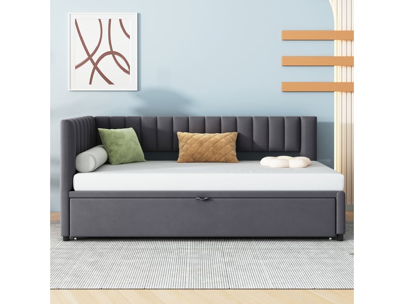  Lit enfant gigogne 90x200cm, gain de place, tête de lit confort, style moderne, velours gris foncé, sans matelas  - Conforama D