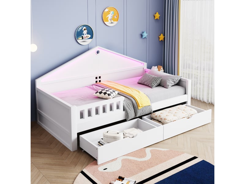  Lit enfant 90x200 cm blanc avec bandeau led contrôlable, 2 tiroirs et sommier à lattes inclus  - Conforama W