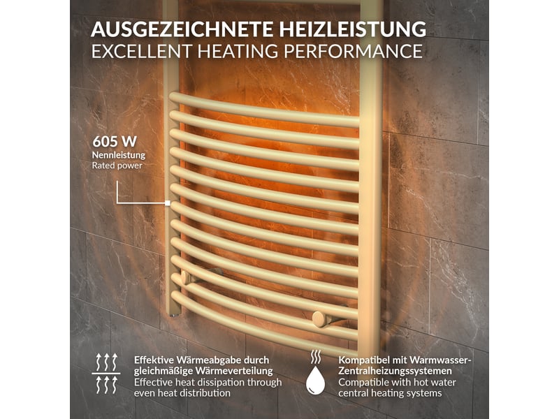  Luxebath sèche-serviettes design sahara 500 x 1500 mm, raccordement latéral, courbé, haute conductivité thermique, radiateur mural porte-serviettes pour salle de bain, puissance 605 w, beige mat ECD Germany GmbH - Conforama D