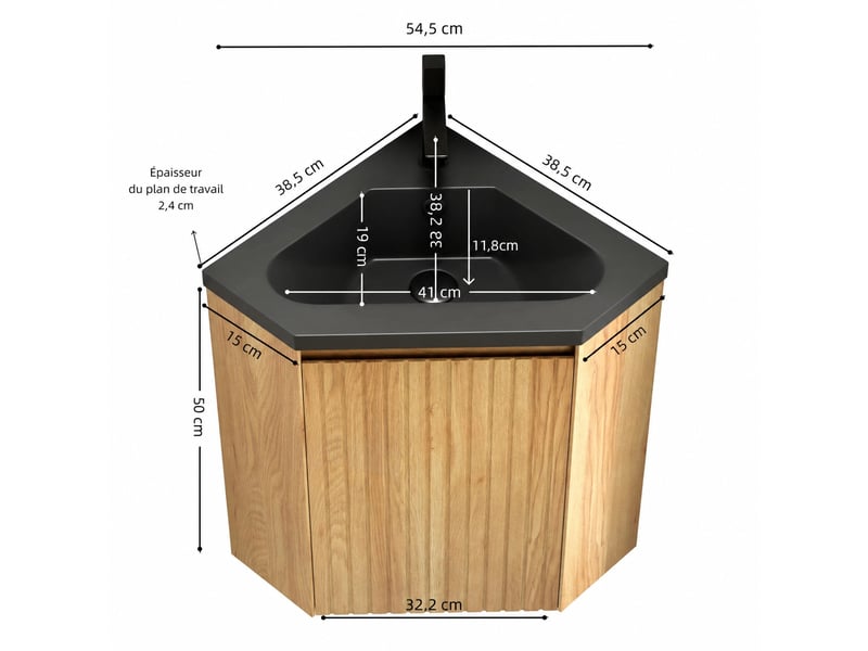  Meuble vasque mural d'angle 38 cm avec vasque intégrée en résine noir mat  - Conforama C