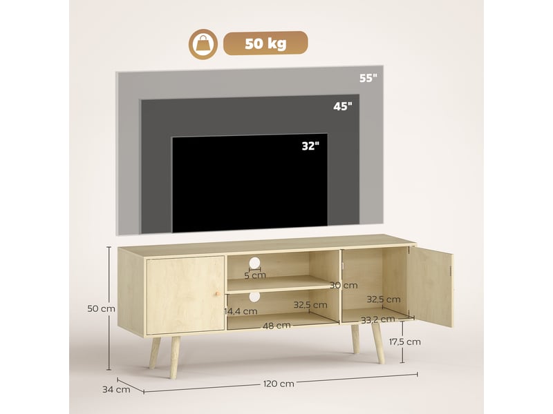  Meuble tv meuble télé pour téléviseur jusqu'à 55 pouces 2 placards et 2 étagères ouvertes effet bois naturel 120x34x50cm  - Conforama C
