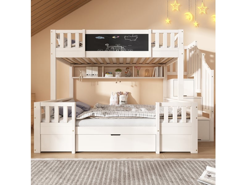  Lit superposé 3 couchages 90x200 et 140x200 cm en bois avec rangements, blanc  - Conforama E